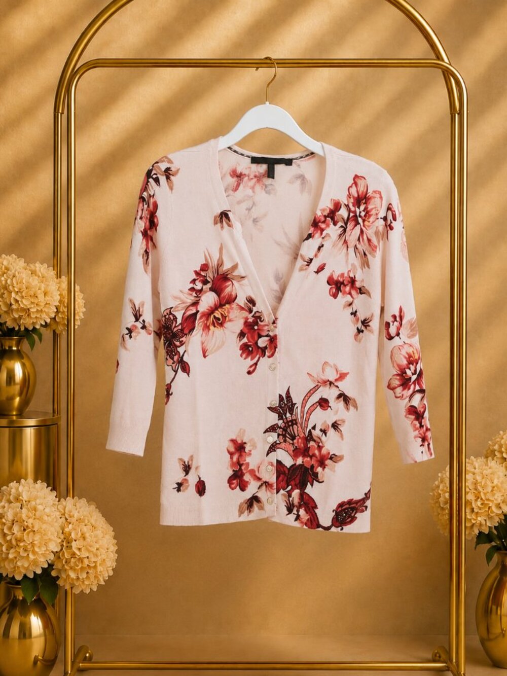 Romantic Floral Cardigan Ivory Rust Gold Shimmer Feminine Preppy XS